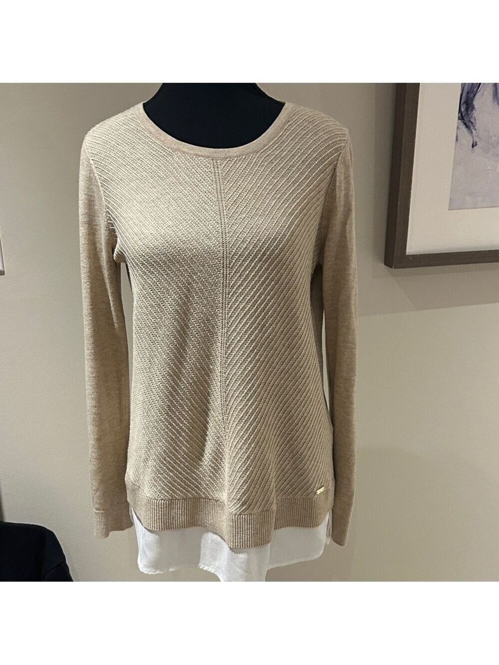 Calvin Klein Beige Crew Neck Sweater with fooler under blouse inserts